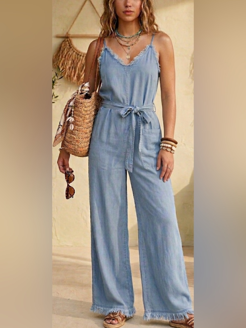 Muche Et Muchette Jumpsuit OS Blue Sleeveless Tie Waist Wide Leg Pocket Boho